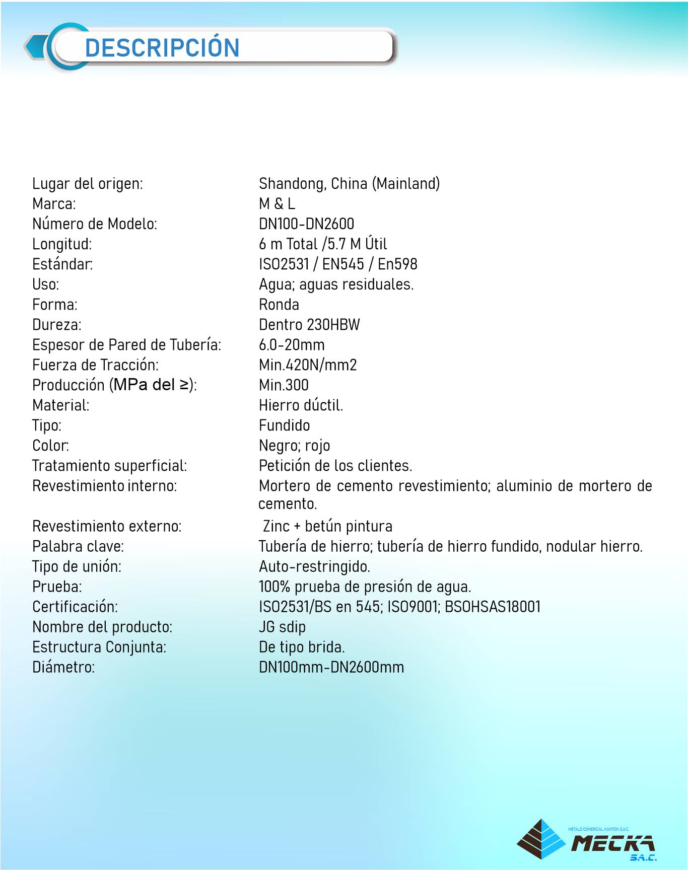 Tuberías hierro dúctil ISO 2531 Meckasac